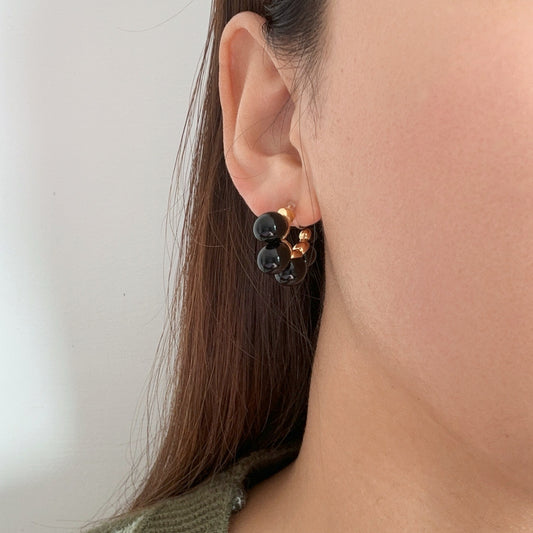 Black Pearls  Clip-On Hoop Earrings - Gold