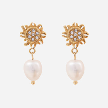 Sunflower Pearl Clip-On Chain Earrings - Gold