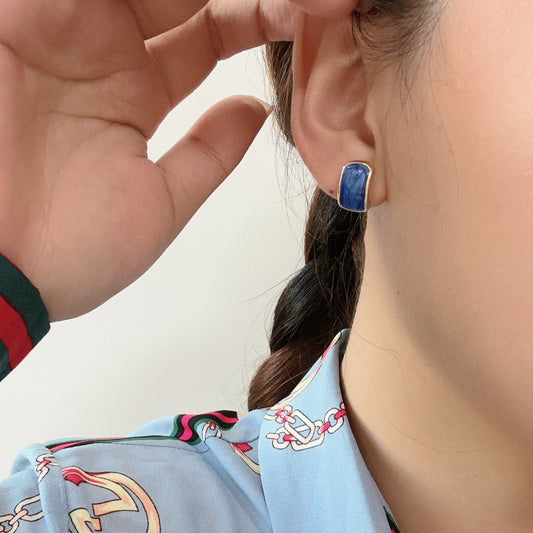 Sapphire blue oil drop Clip-On Stud Earrings - Gold