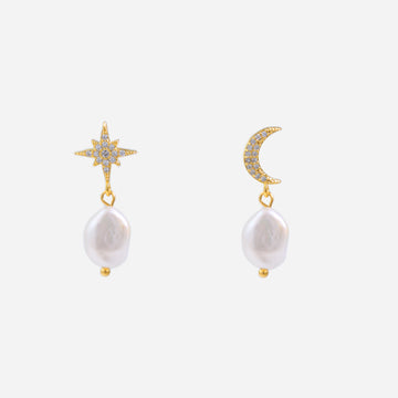 Star and Moon Pearl Clip-On Chain Earrings
