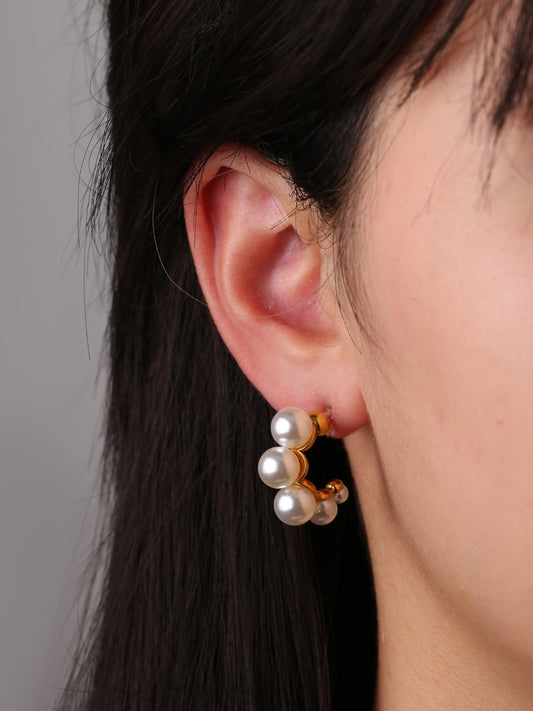 C shape pearl Clip-On Hoop Earrings - Gold