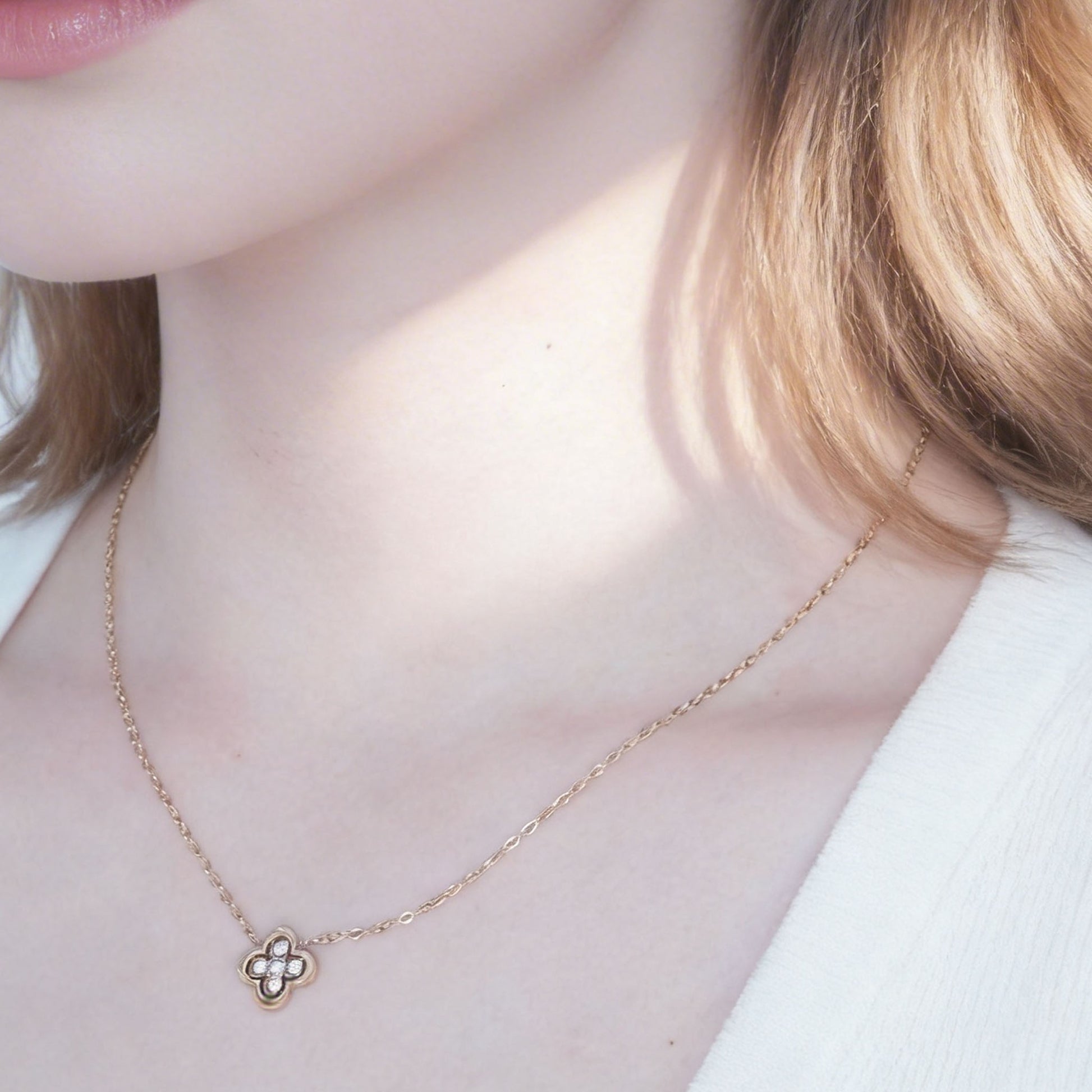 Radiant Four-Leaf Clover Sparkling Diamond-Set Necklace in 18K gold and silver by SOMIY.