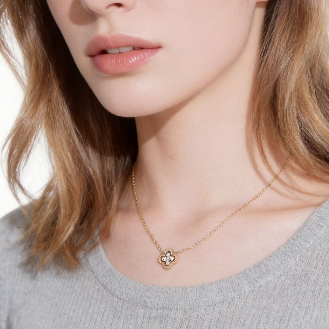 Radiant Four-Leaf Clover Sparkling Diamond-Set Necklace in 18K gold and silver by SOMIY.