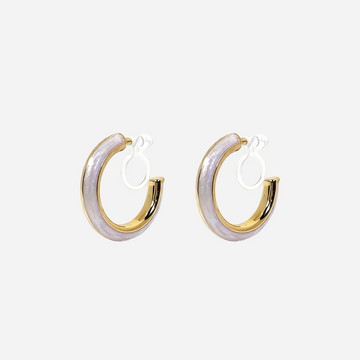 White Enamel Dual-Tone Clip-On Hoop Earrings