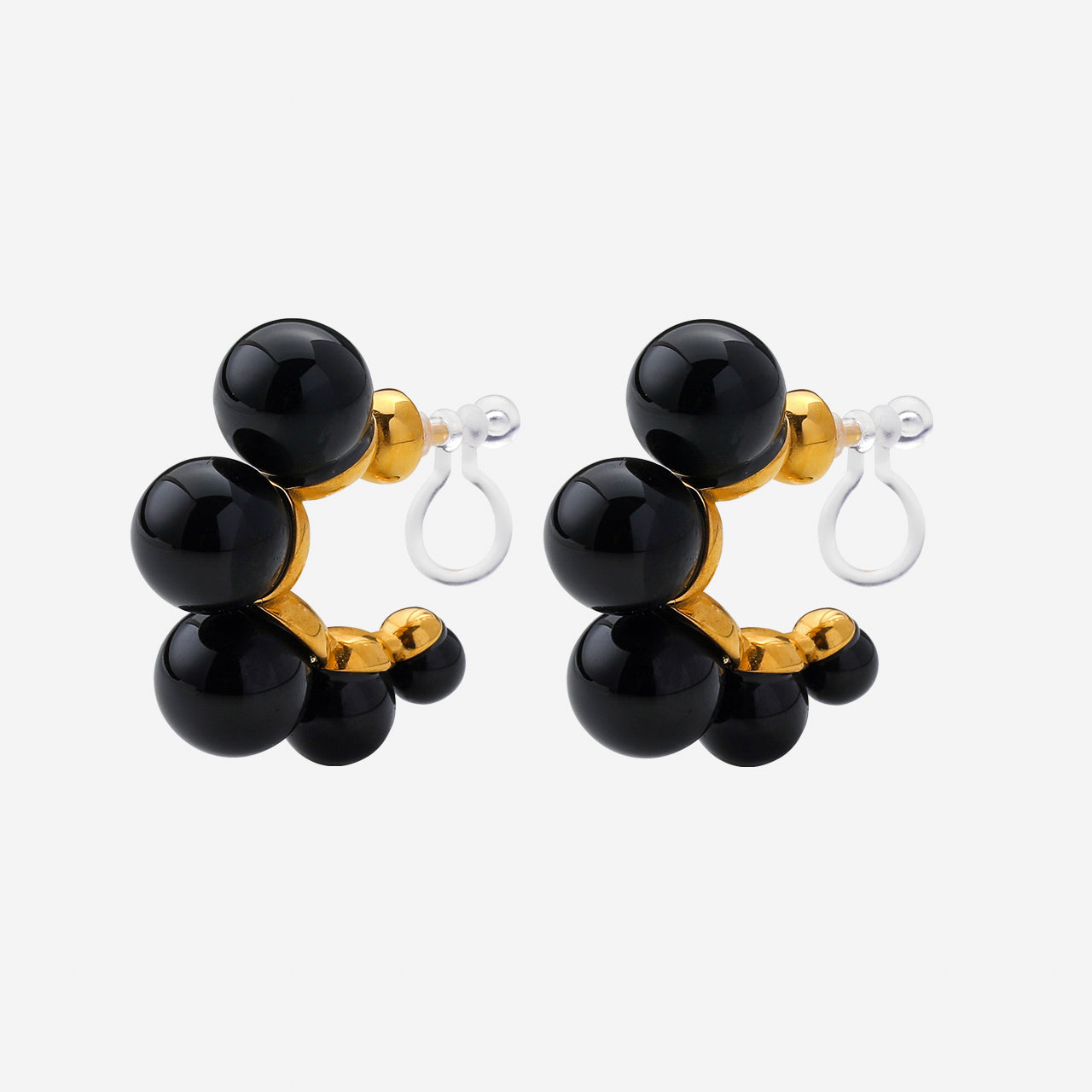 Black Pearls  Clip-On Hoop Earrings - Gold