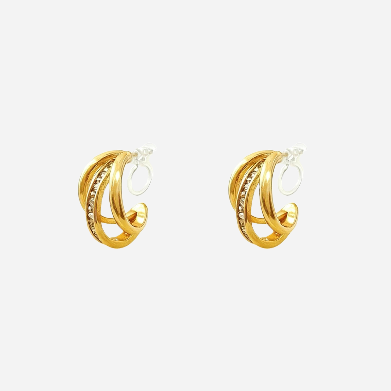 Triple-Layer Baguette Zirconia Clip-On Hoop Earrings