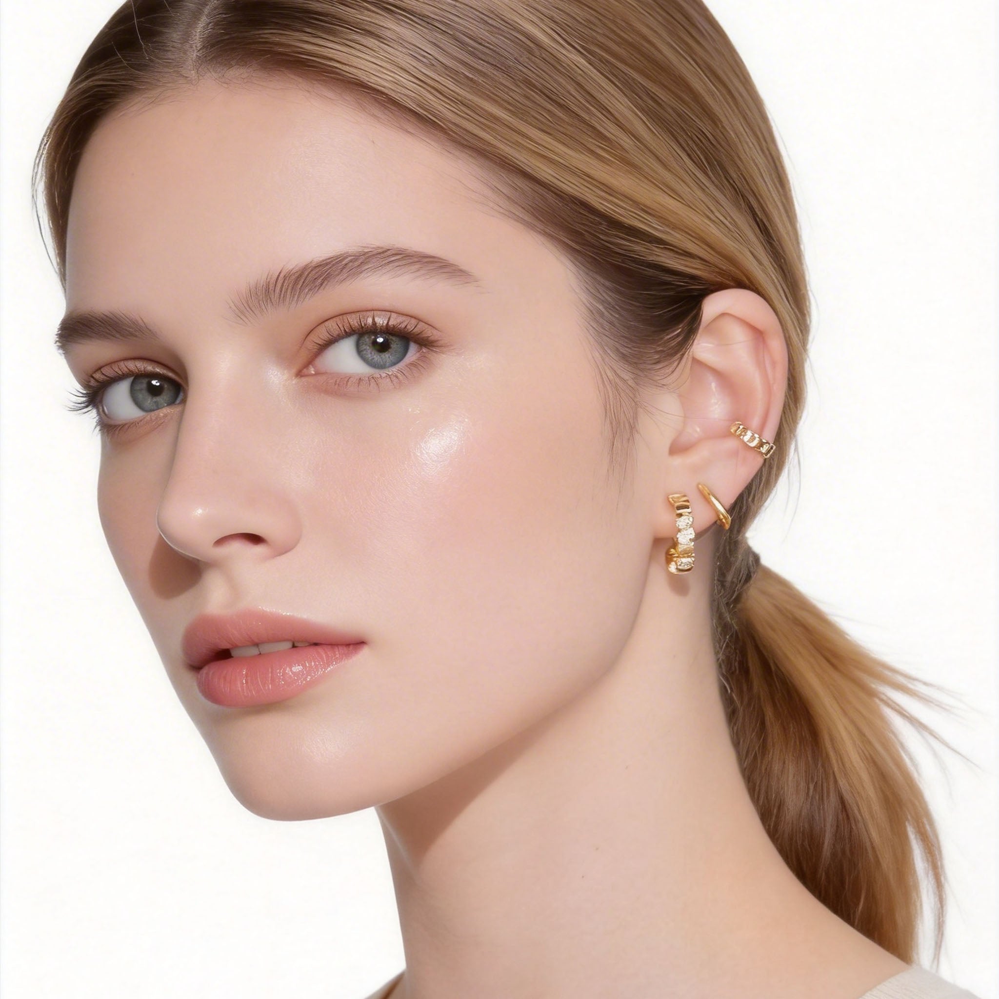 Midi Sparkling Diamond-Set Clip-On Hoop Earrings in 18K gold and silver by SOMIY for non-pierced ears.
