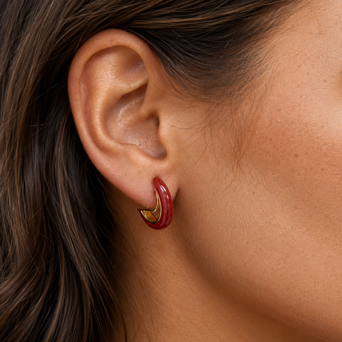 Burgundy Enamel Clip-On Hoop Earrings in burgundy and gold by SOMIY