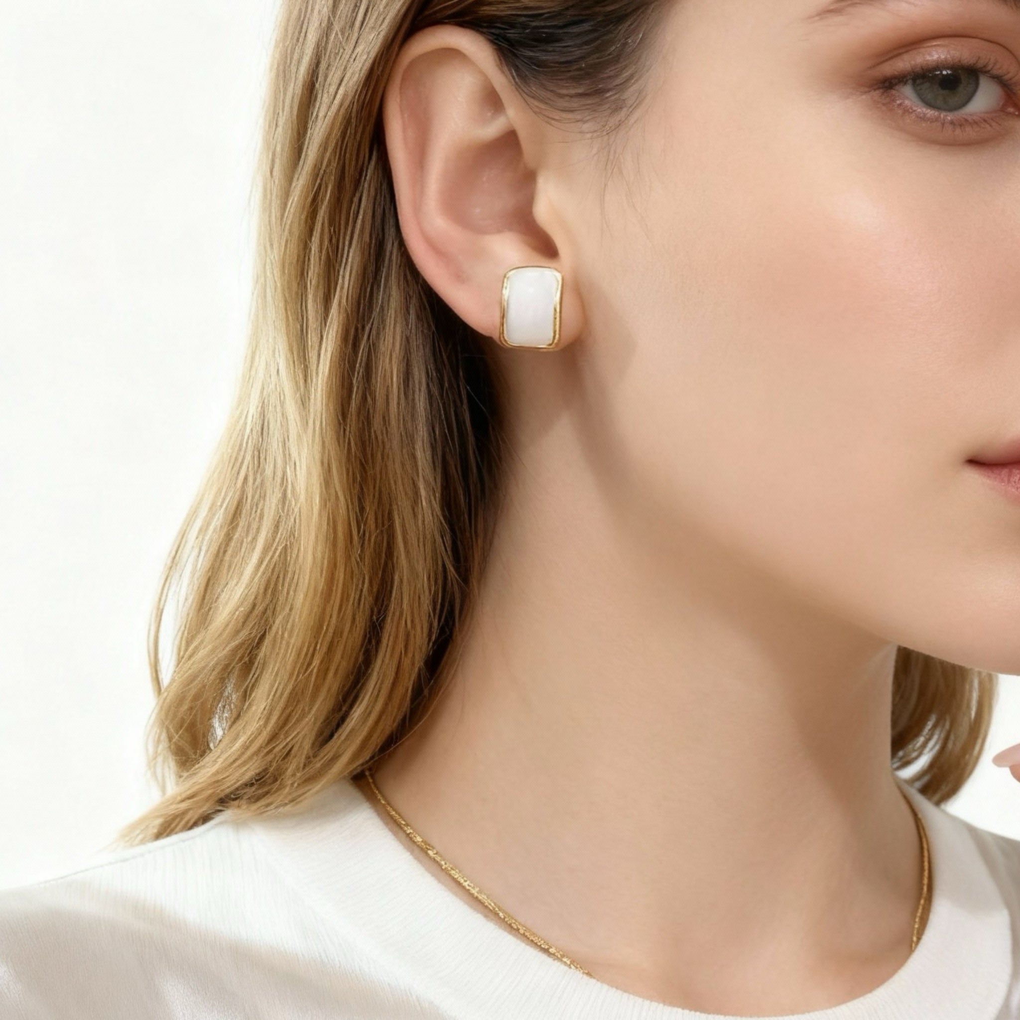 White oil drop Clip-On Stud Earrings - Gold for non-pierced ears – SOMIY