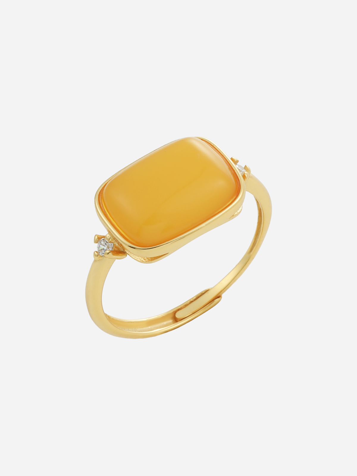 Sparkling Frame butterscotch amber ring with rectangular golden stone and crystal side accents