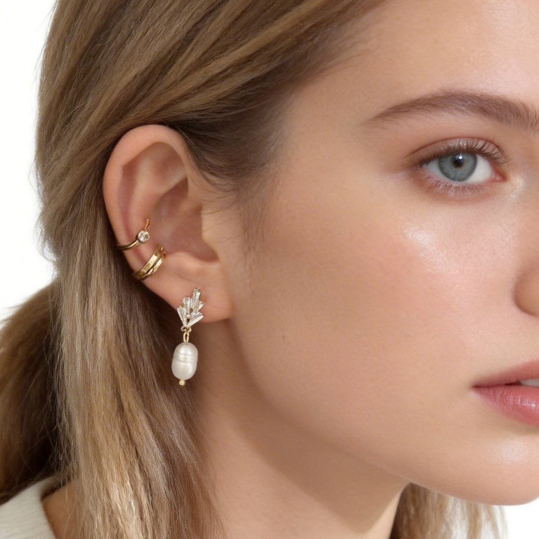 Radiant Pearl & Sparkling Diamond-Set Drop Clip-On Earrings in 18K gold and silver by SOMIY for non-pierced ears.