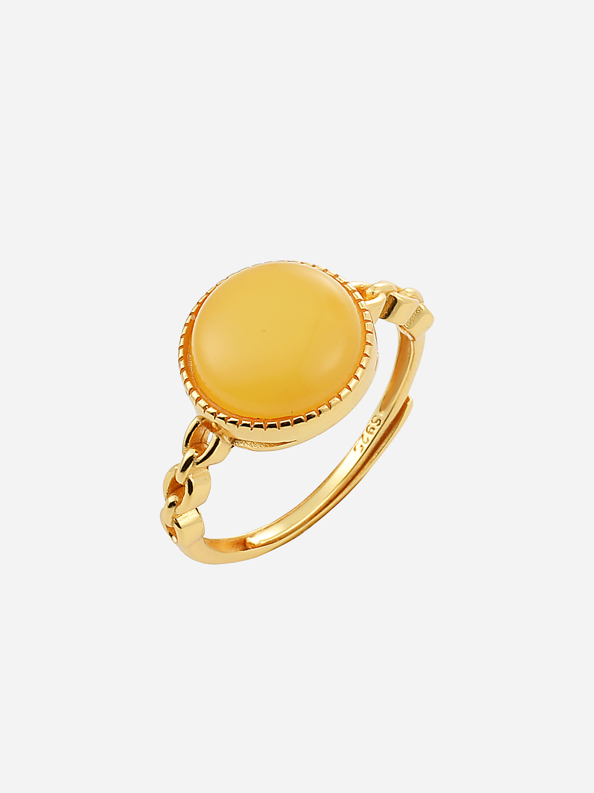 Braided Radiance butterscotch amber ring with round golden stone and linked gold band