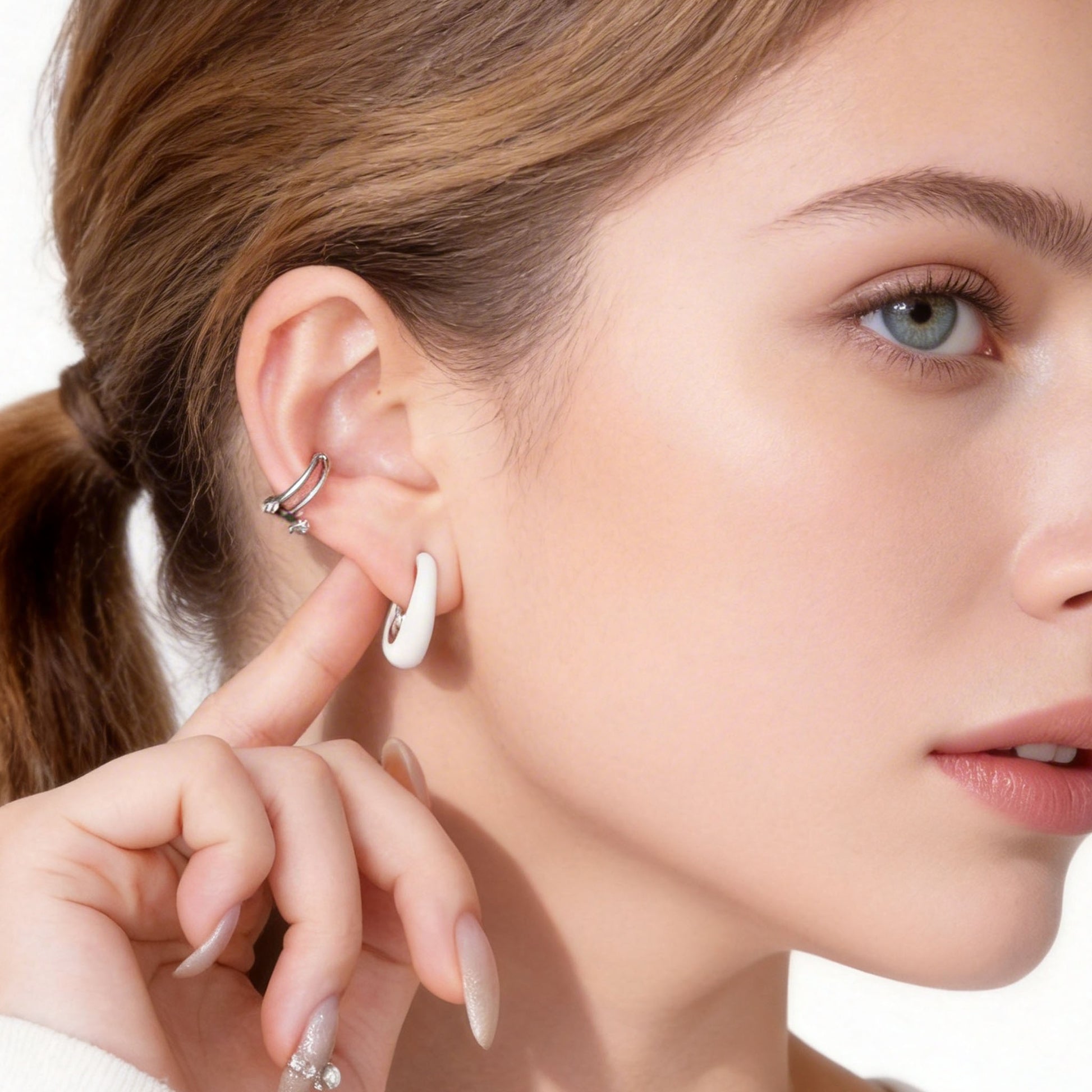 Mini Sparkling Diamond-Set Ear Cuff in 18K silver plating by SOMIY for non-pierced ears.