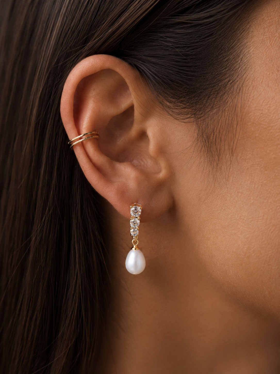Triple Diamond Pearl Clip-On Drop Earrings
