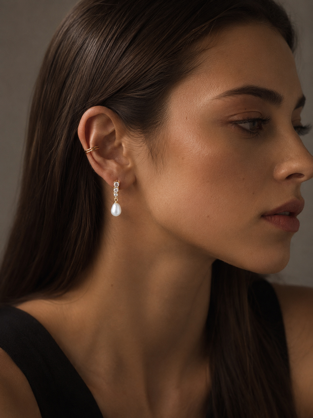 Triple Diamond Pearl Clip-On Drop Earrings
