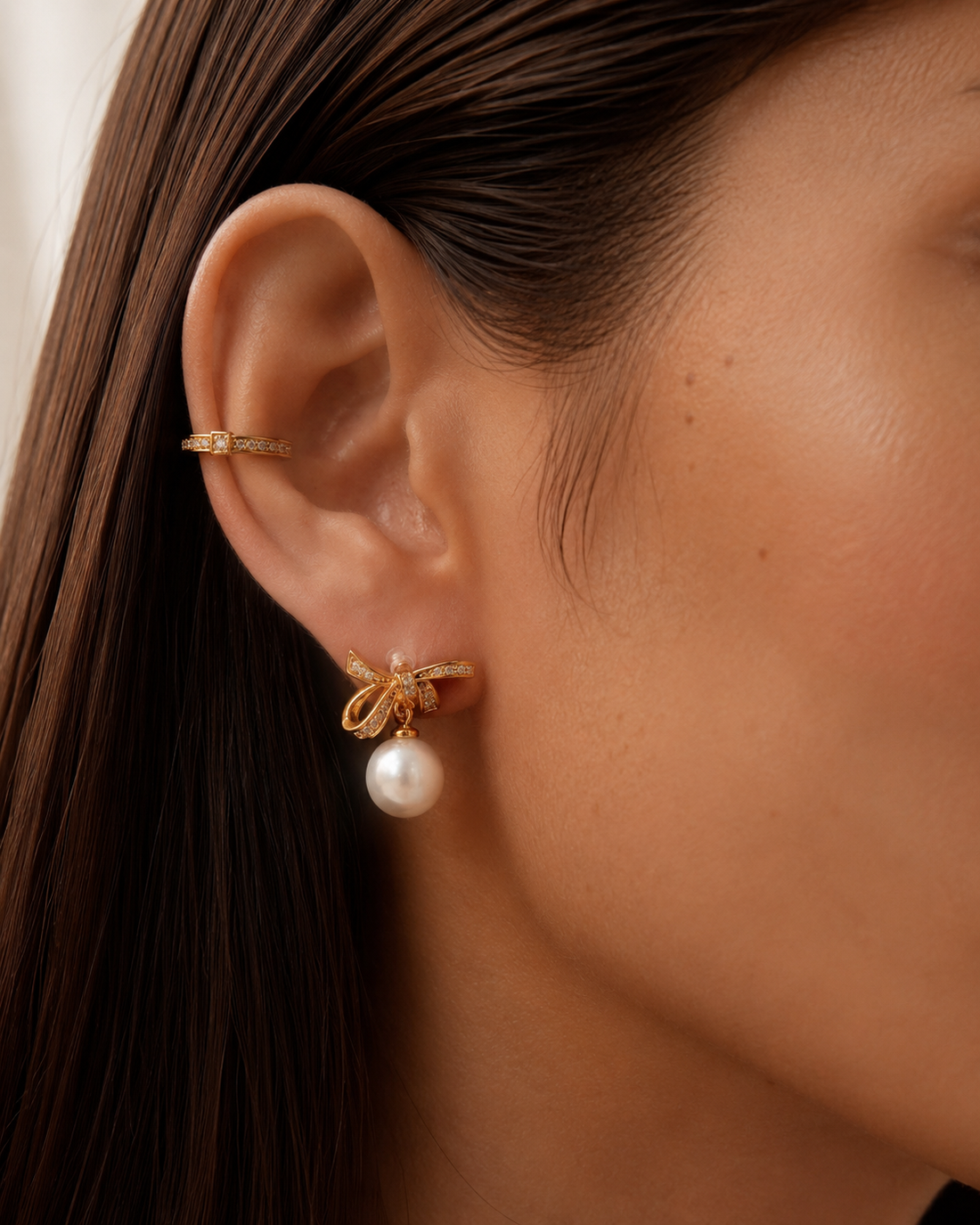 Sparkling Bow Pearl Clip-On Drop Earrings