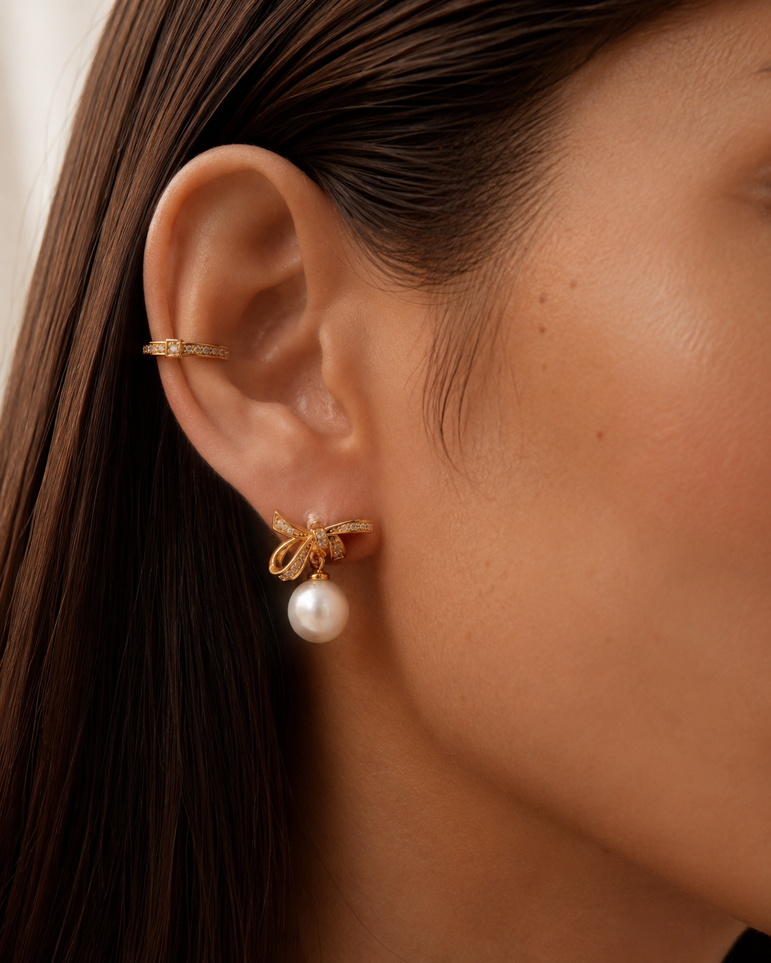 Sparkling Bow Pearl Clip-On Drop Earrings