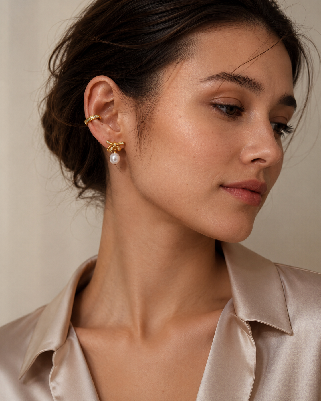 Sparkling Bow Pearl Clip-On Drop Earrings