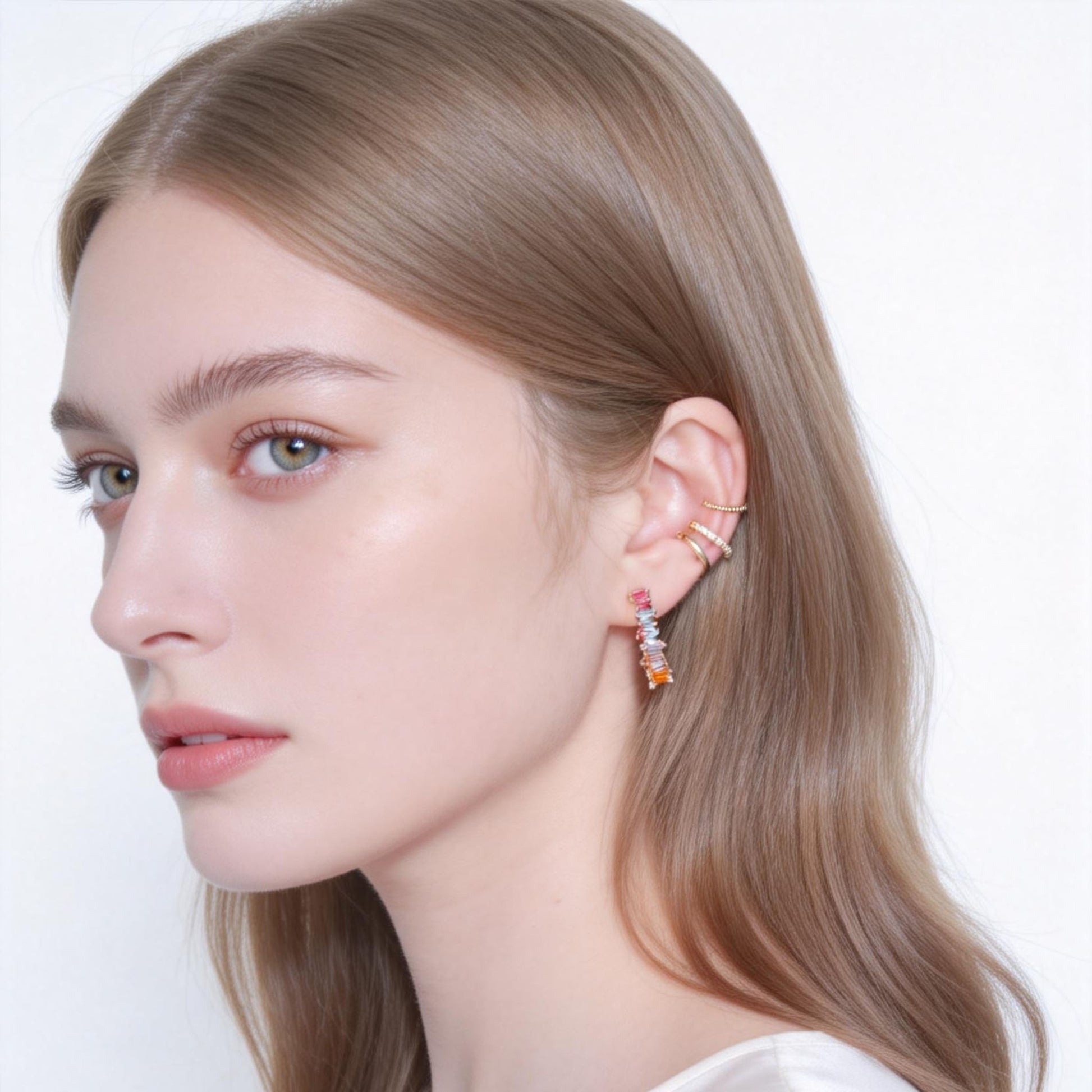 Large Rainbow Diamond-Set Polished Clip-On Stud Earring in 18K gold and silver by SOMIY for non-pierced ears.