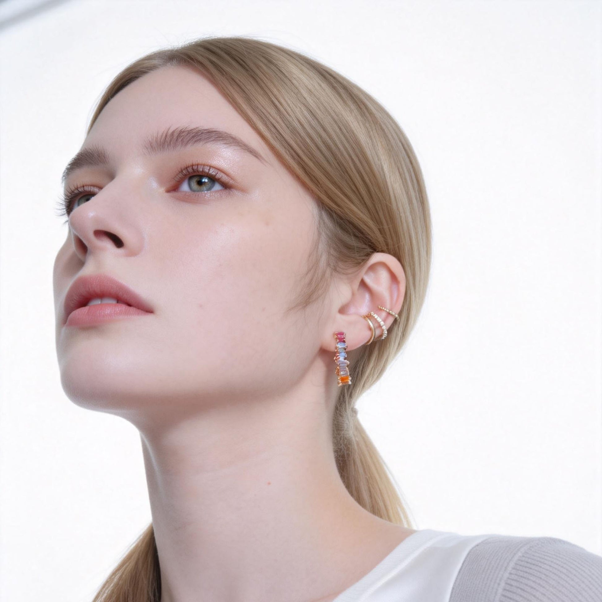 Large Rainbow Diamond-Set Polished Clip-On Stud Earring in 18K gold and silver by SOMIY for non-pierced ears.