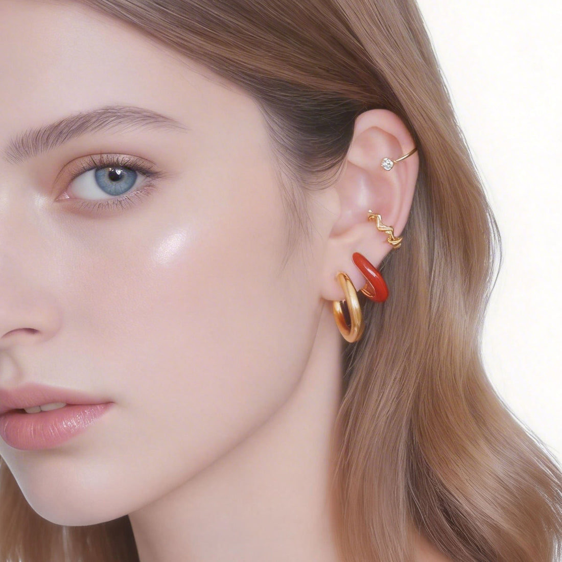 Geometric Textured Clip-On Hoop Earrings in 18K gold plating by SOMIY for non-pierced ears.