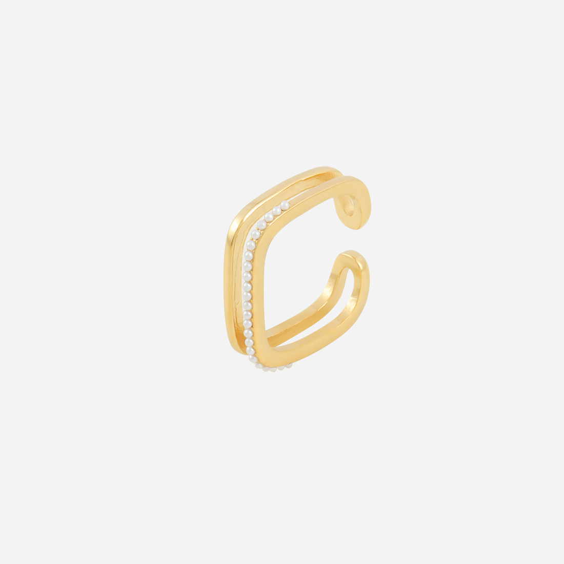 Gold square double-band open ring with a row of small white bead accents