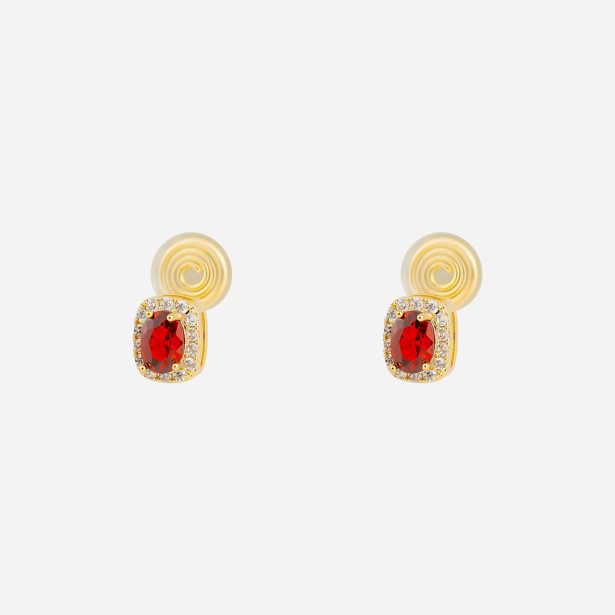 Red cushion halo clip-on studs in gold settings with spiral disc backs