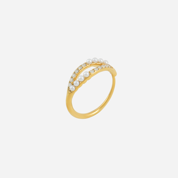 Gold open ring with two rows of small clear stone accents