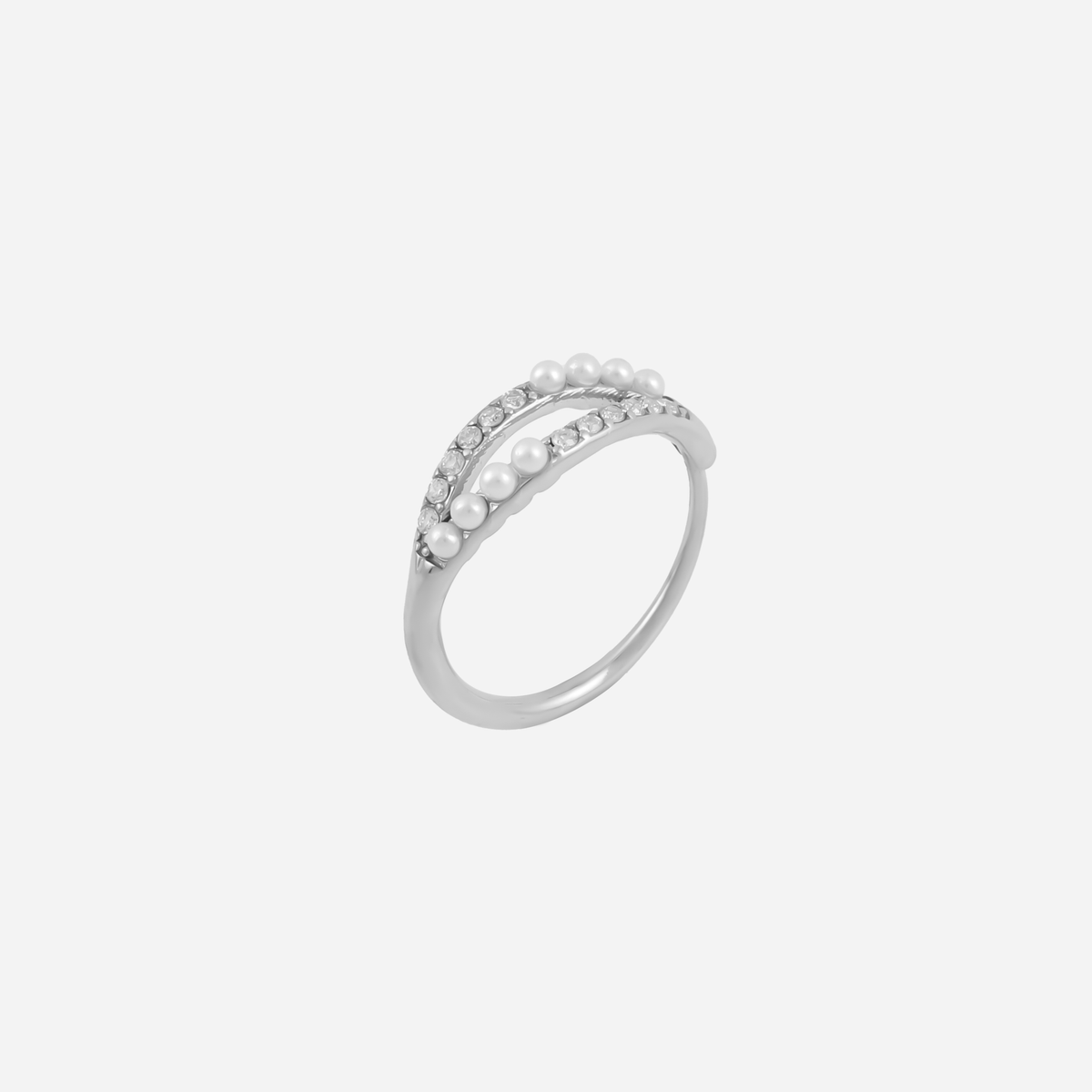 Silver open ring with two rows of small clear stone accents