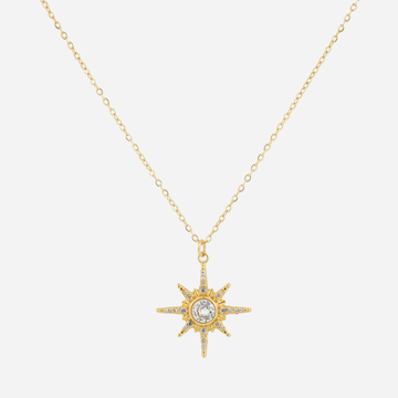 Gold eight-point starburst pendant necklace with a clear center stone