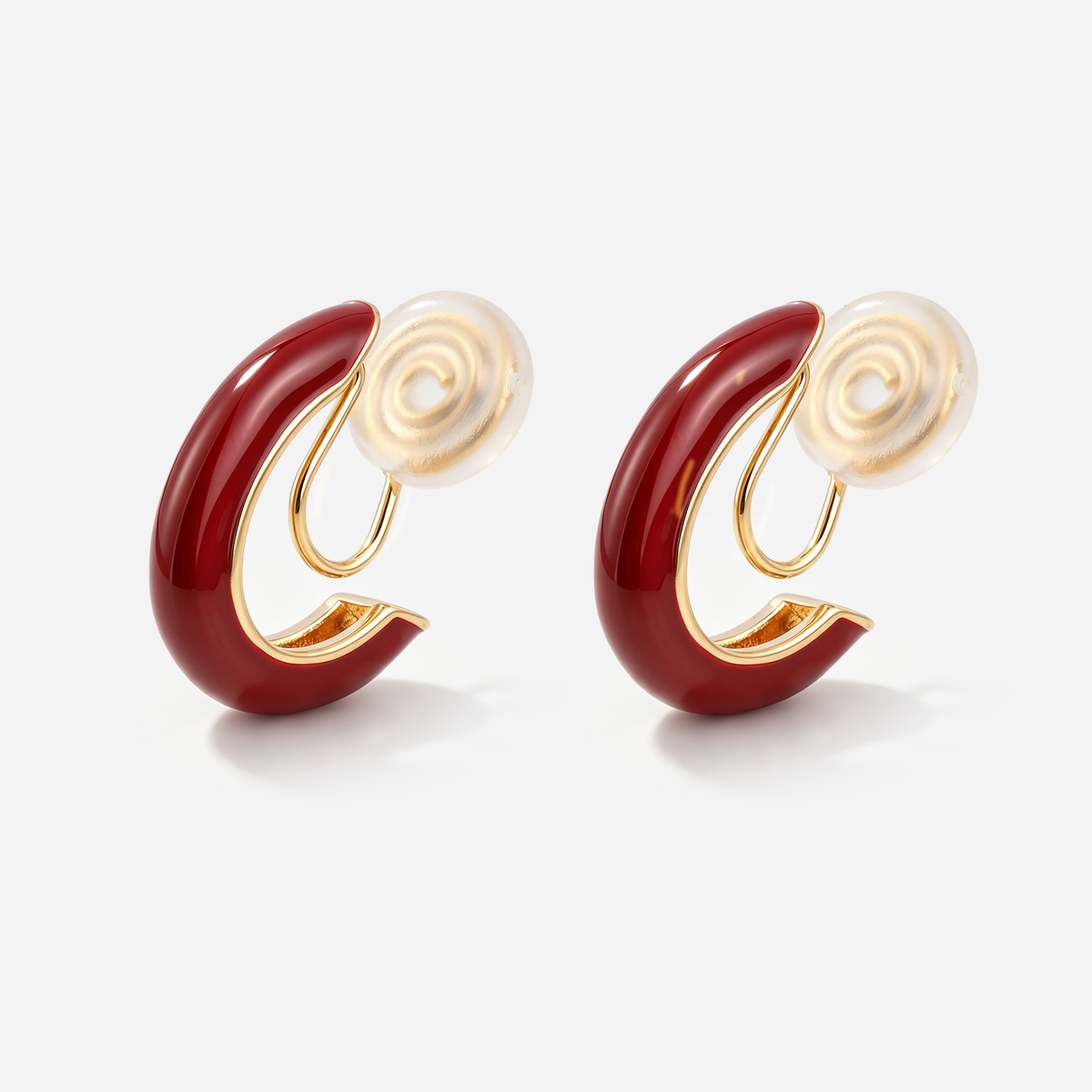 Burgundy Enamel Clip-On Hoop Earrings in burgundy and gold by SOMIY
