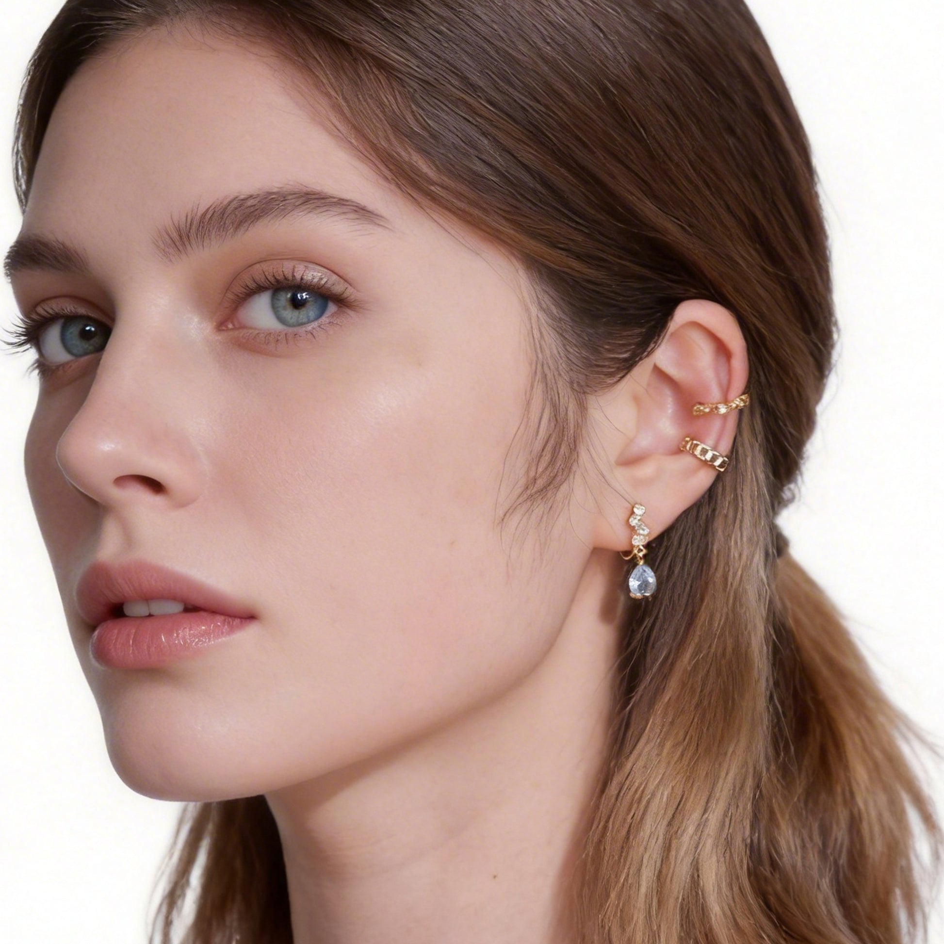 Brilliant Lab Diamond Hoop Drop Clip-On Earrings in gold by SOMIY for non-pierced ears.