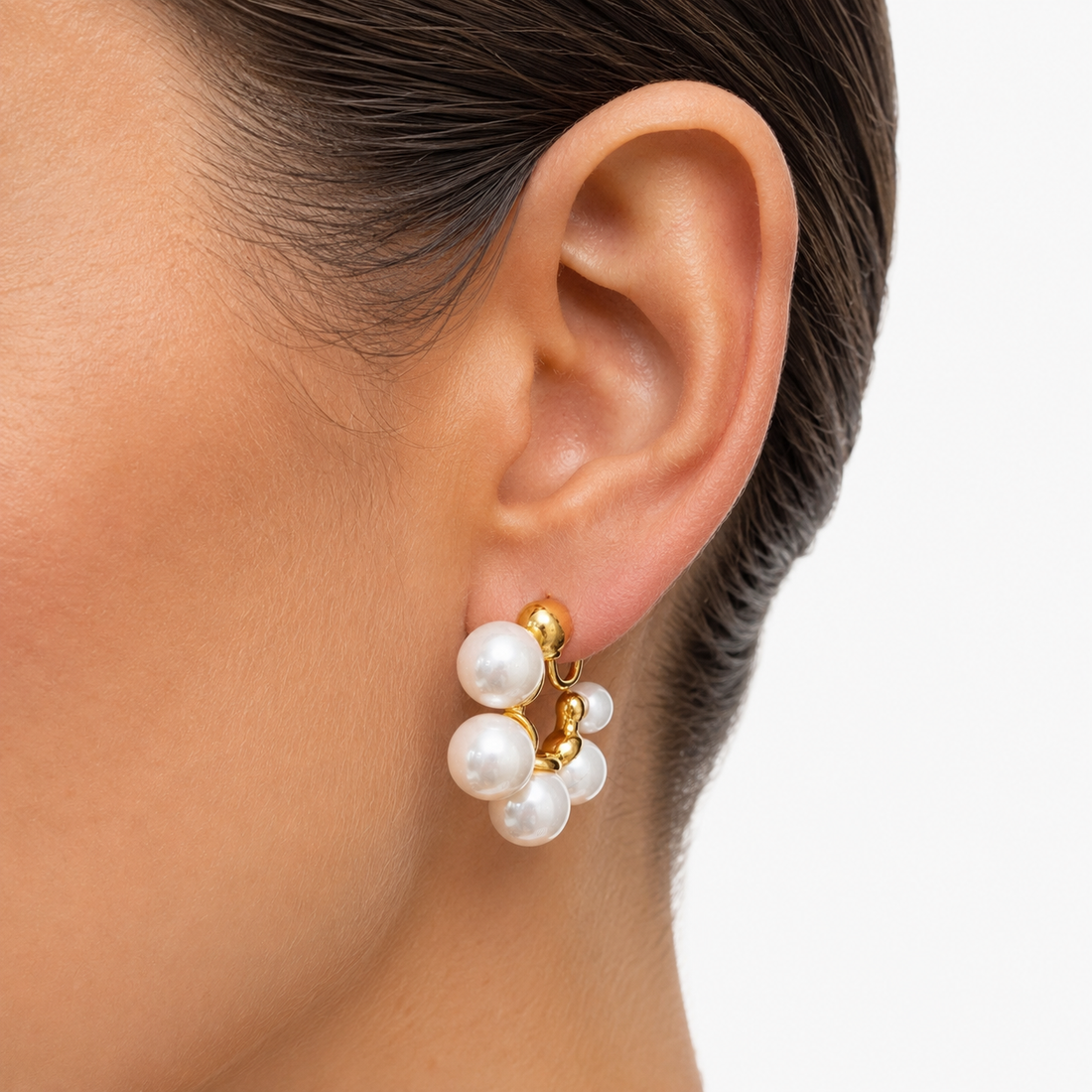 Gold pearl cluster clip-on hoop earrings with mosquito coil clips | SOMIY