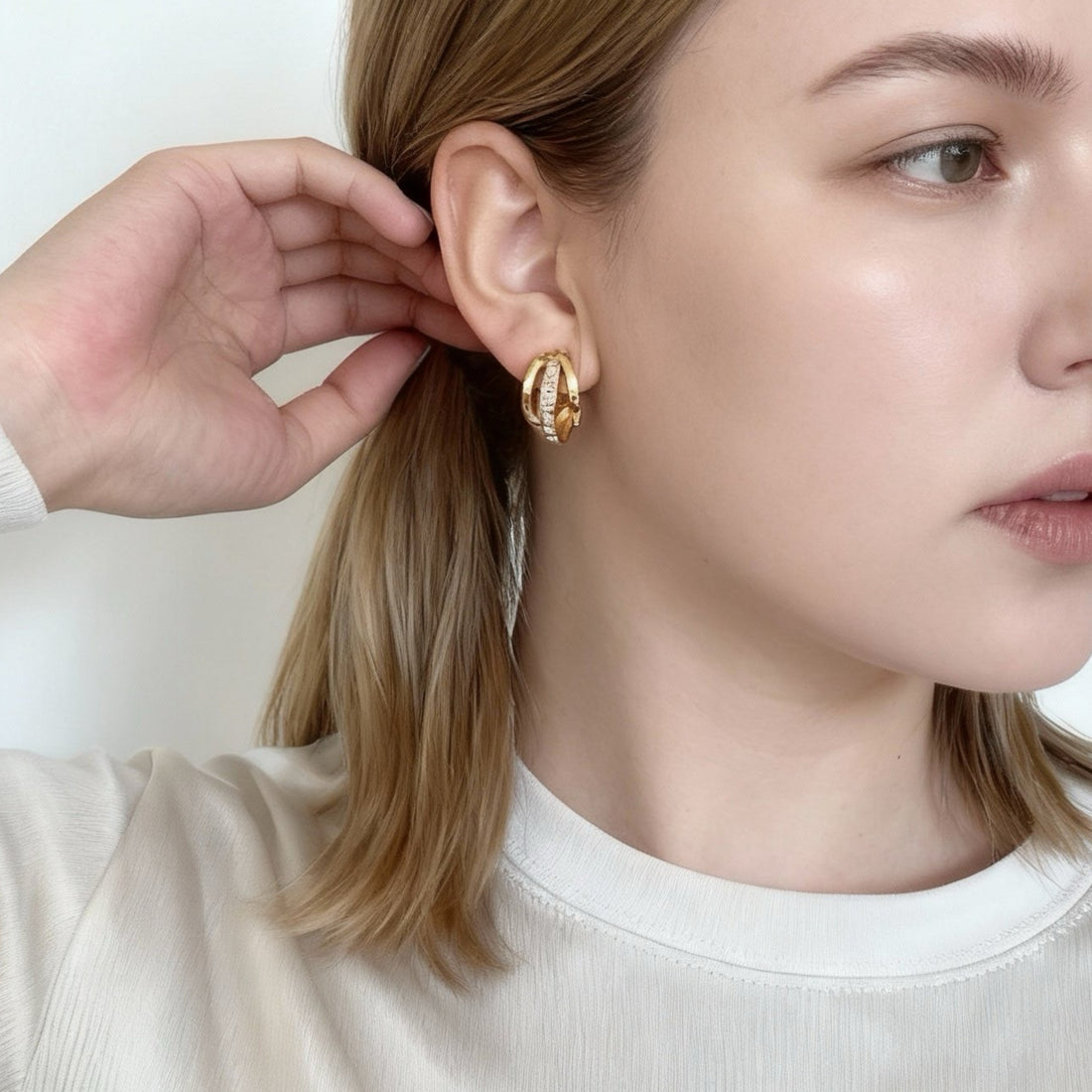 Triple-Layer Baguette Zirconia Clip-On Hoop Earrings