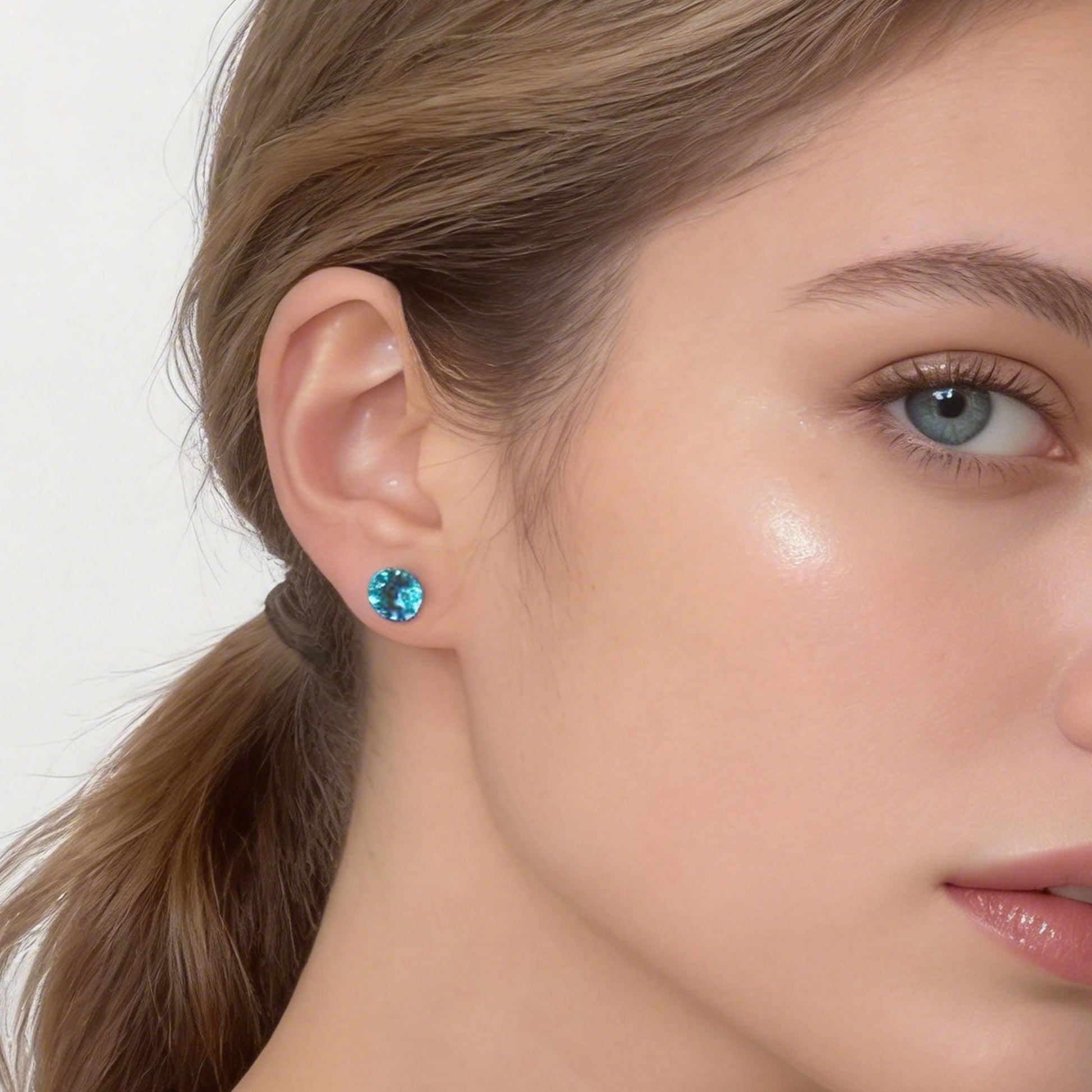 Teal Blue Crystal Clip-On Stud Earrings for non-pierced ears by SOMIY
