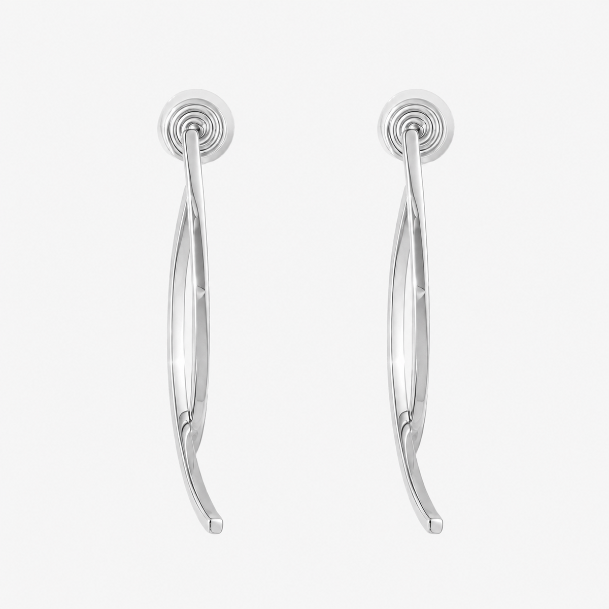 Front view of silver curved clip-on earrings with overlapping bars and round coil backs