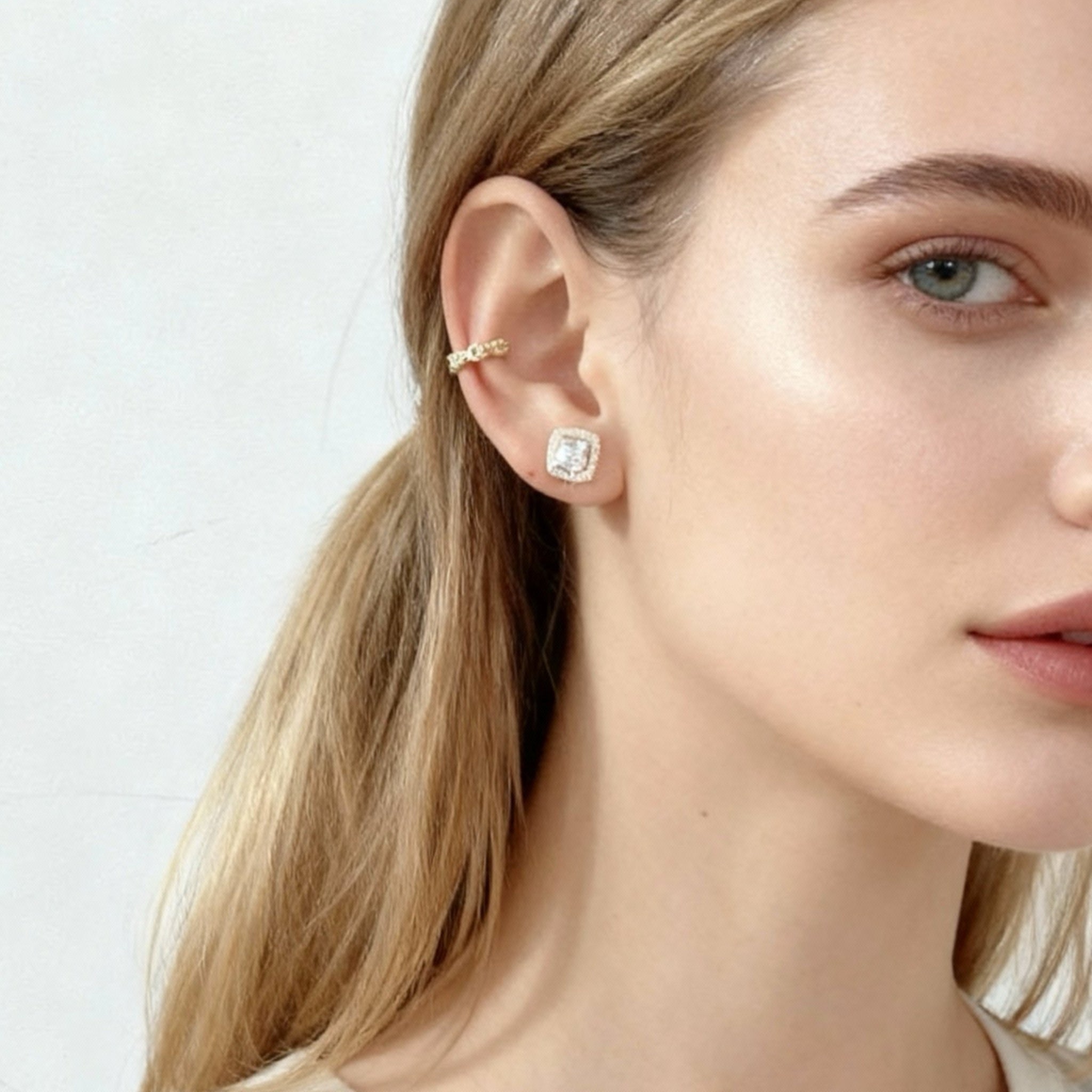 S925 Sterlingsilver Klassiska Fyrkantiga Diamant Clip-On Stiftörhängen