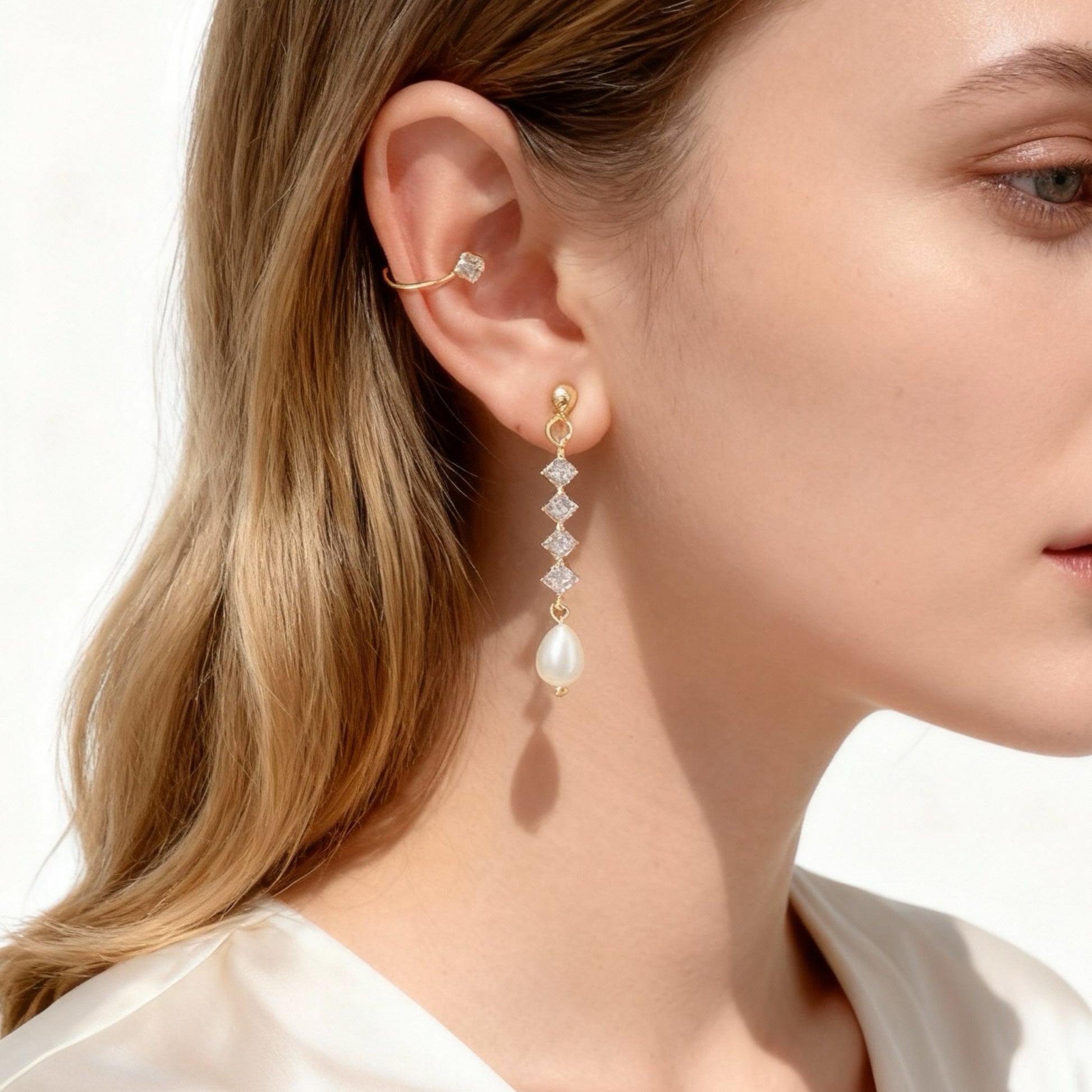 Pearl & Crystal Drop Clip-On Earrings for non-pierced ears – SOMIY