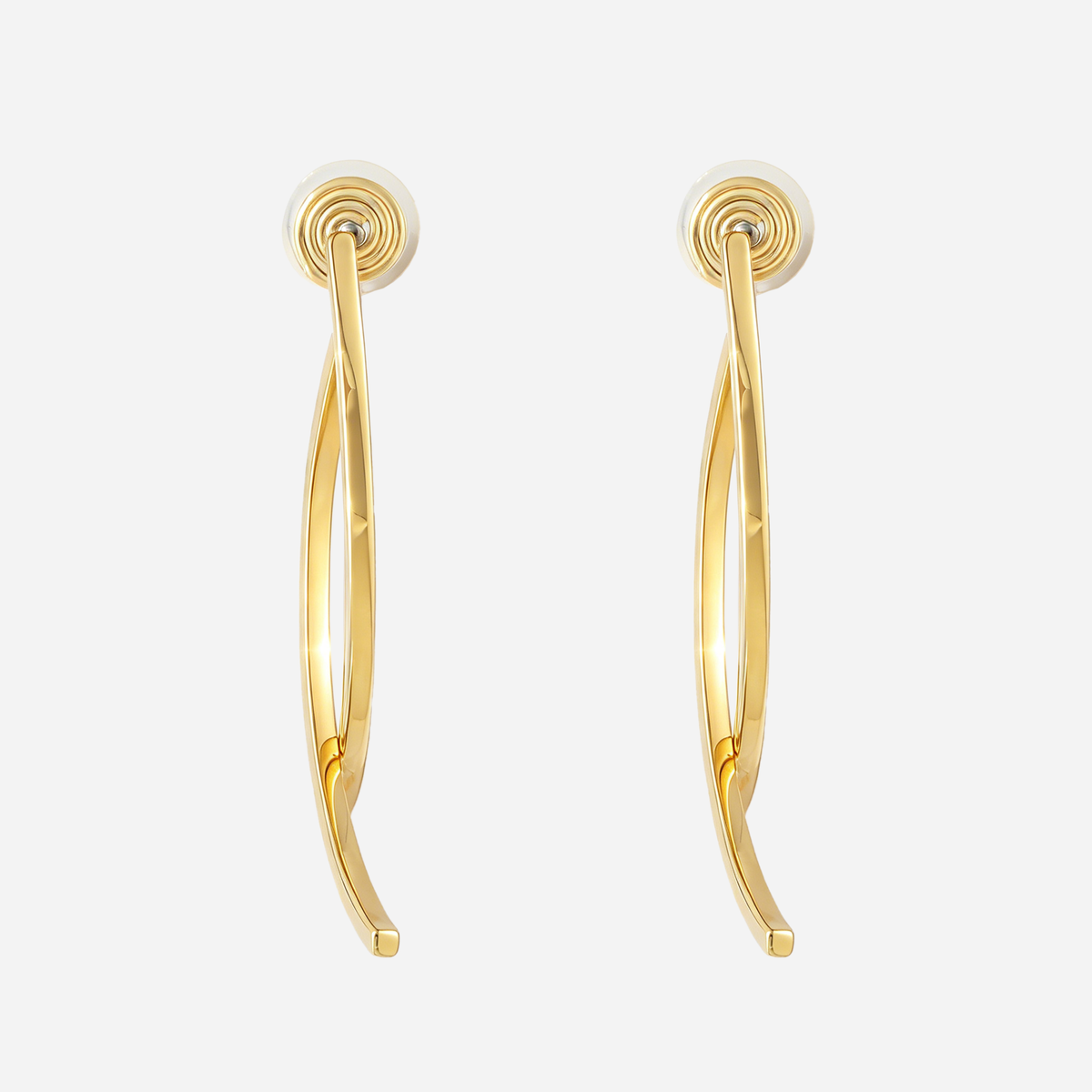 Front view of gold curved clip-on earrings with slender overlapping bars and round coil backs