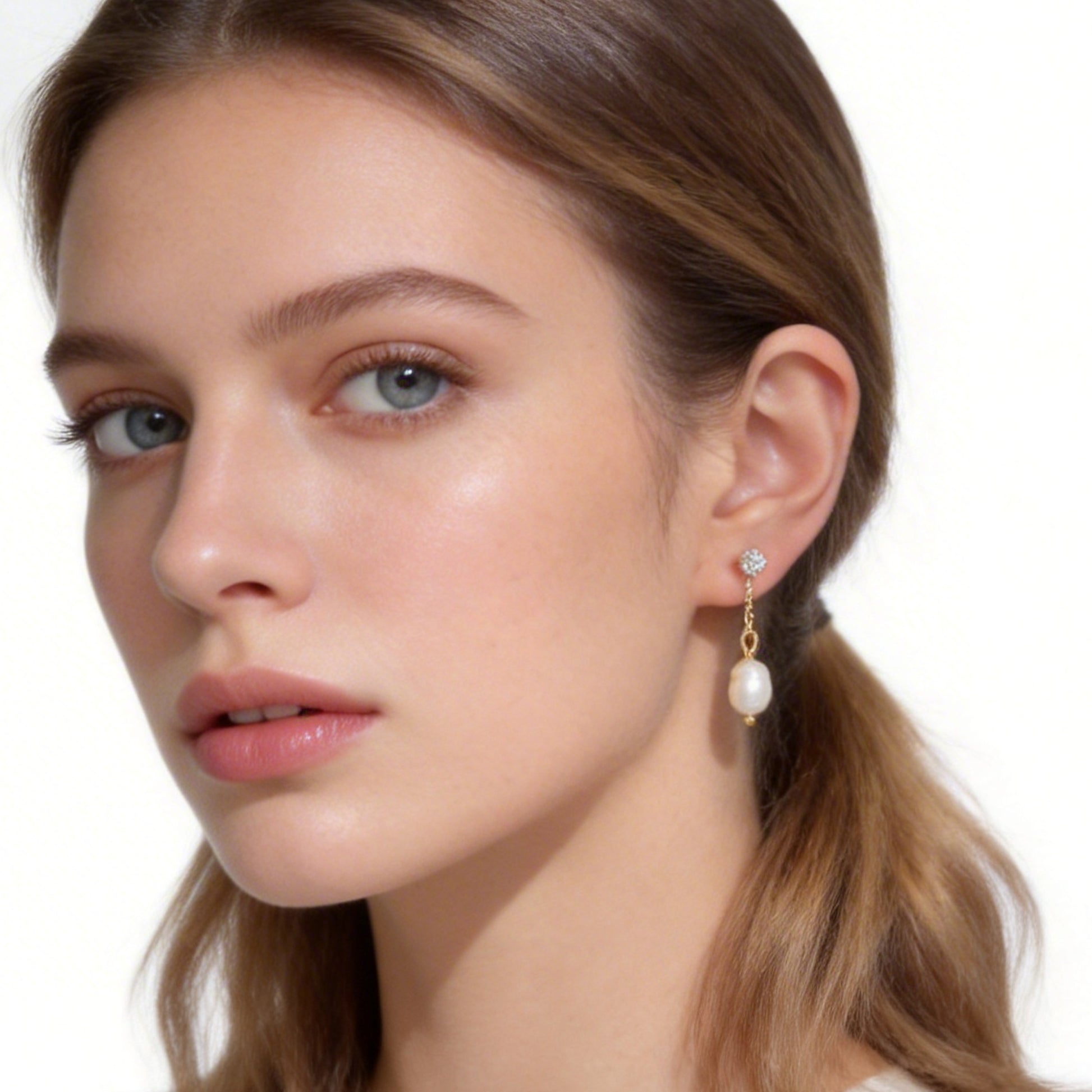 Graceful Pearl & Sparkling Diamond-Set Drop Clip-On Earrings in 18K gold and silver by SOMIY for non-pierced ears.