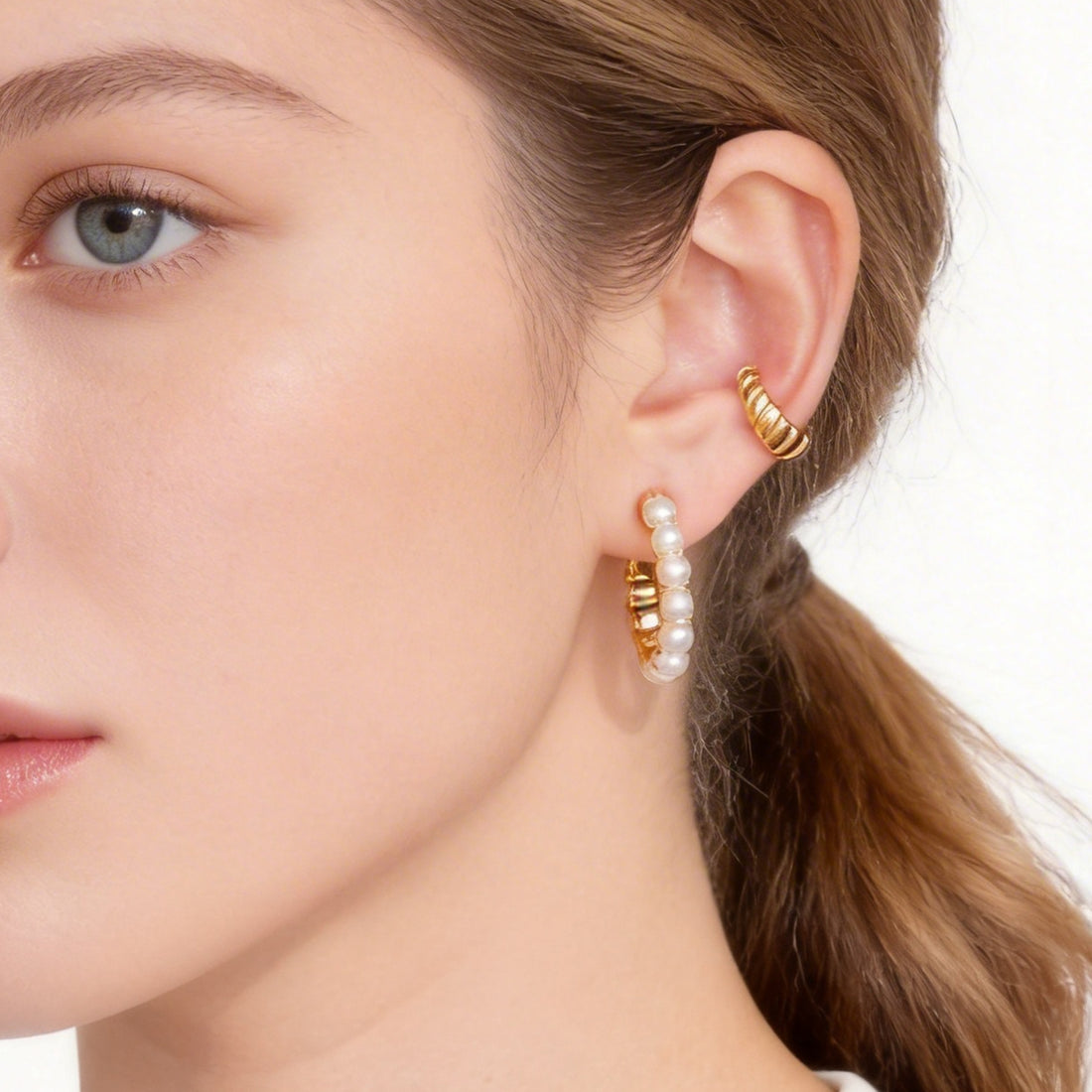 Lustrous Pearl Polished Clip-On Hoop Earrings in 18K gold by SOMIY for non-pierced ears.