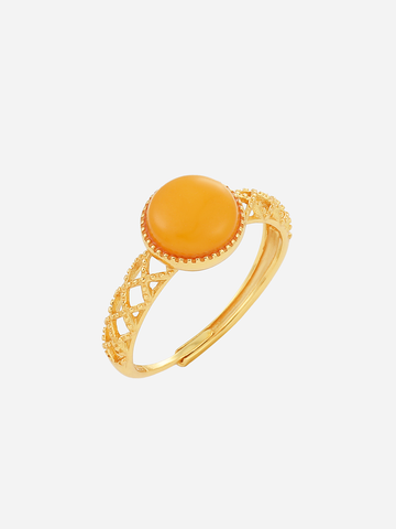 Lattice Filigree butterscotch amber ring with a round stone and openwork gold band