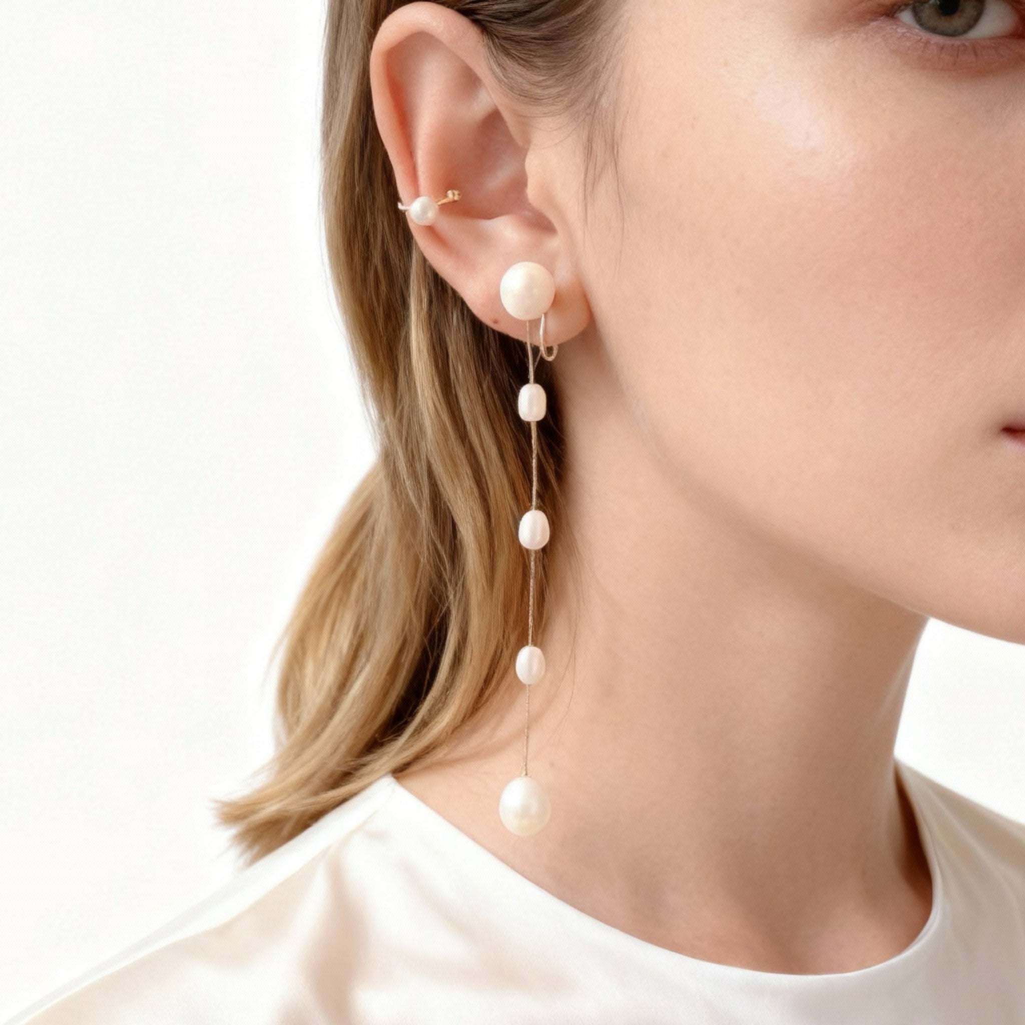 Graceful Long Linear Pearl Dangle Clip-On Earrings