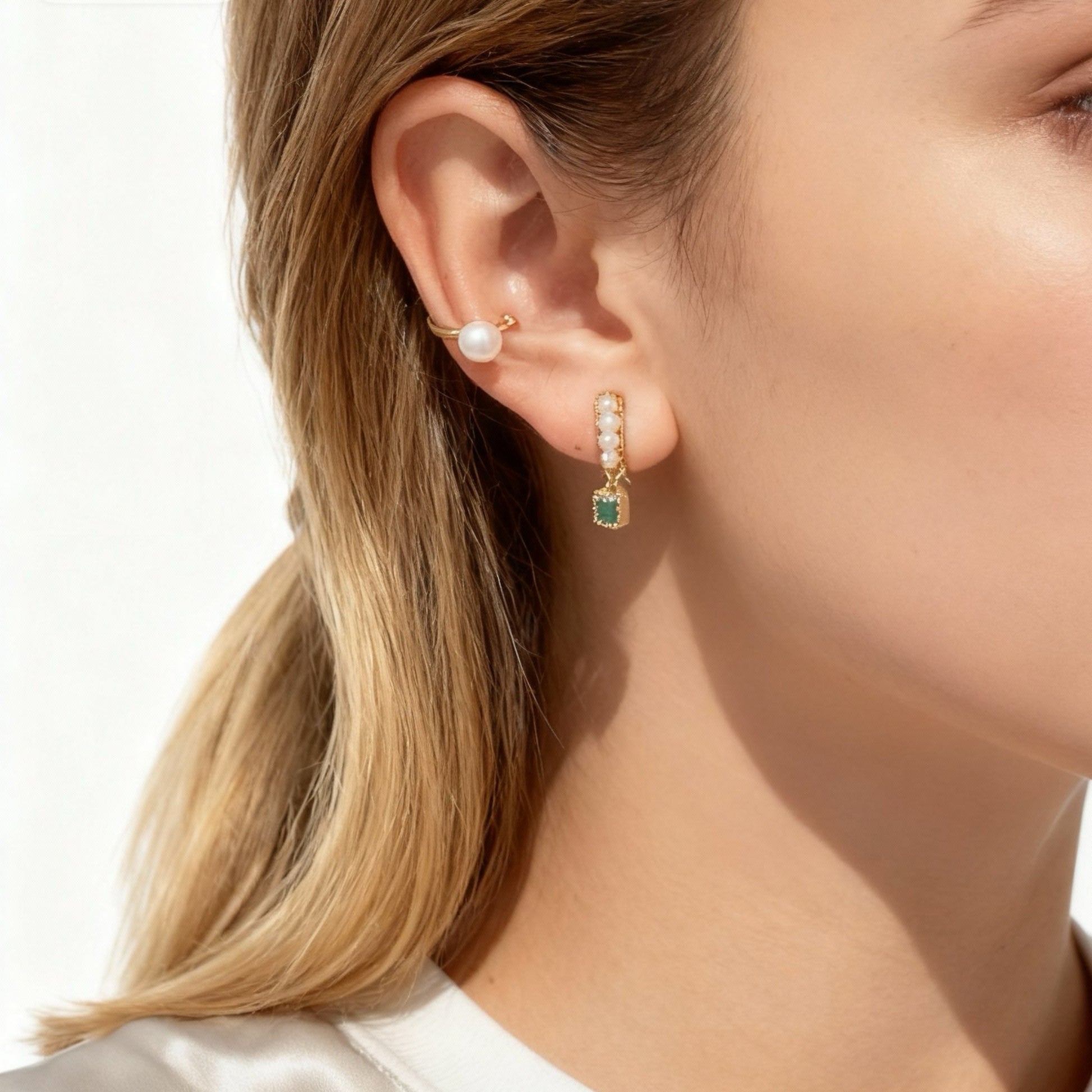 Pearl and Green Crystal Drop Clip-On Chain Earrings for non-pierced ears – SOMIY