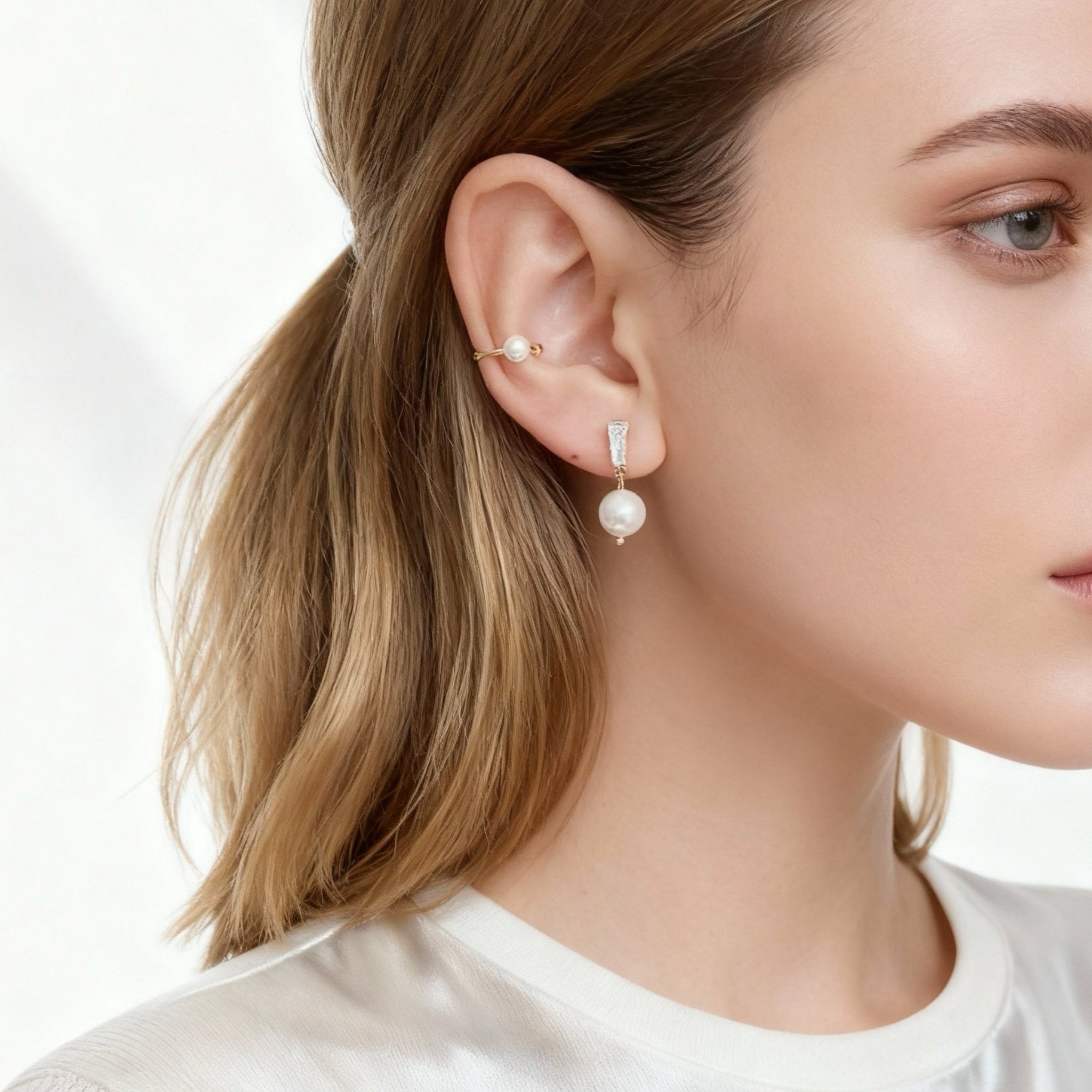 S925 Sterling Silver Crystal pearl Clip-On Chain Earrings - Gold