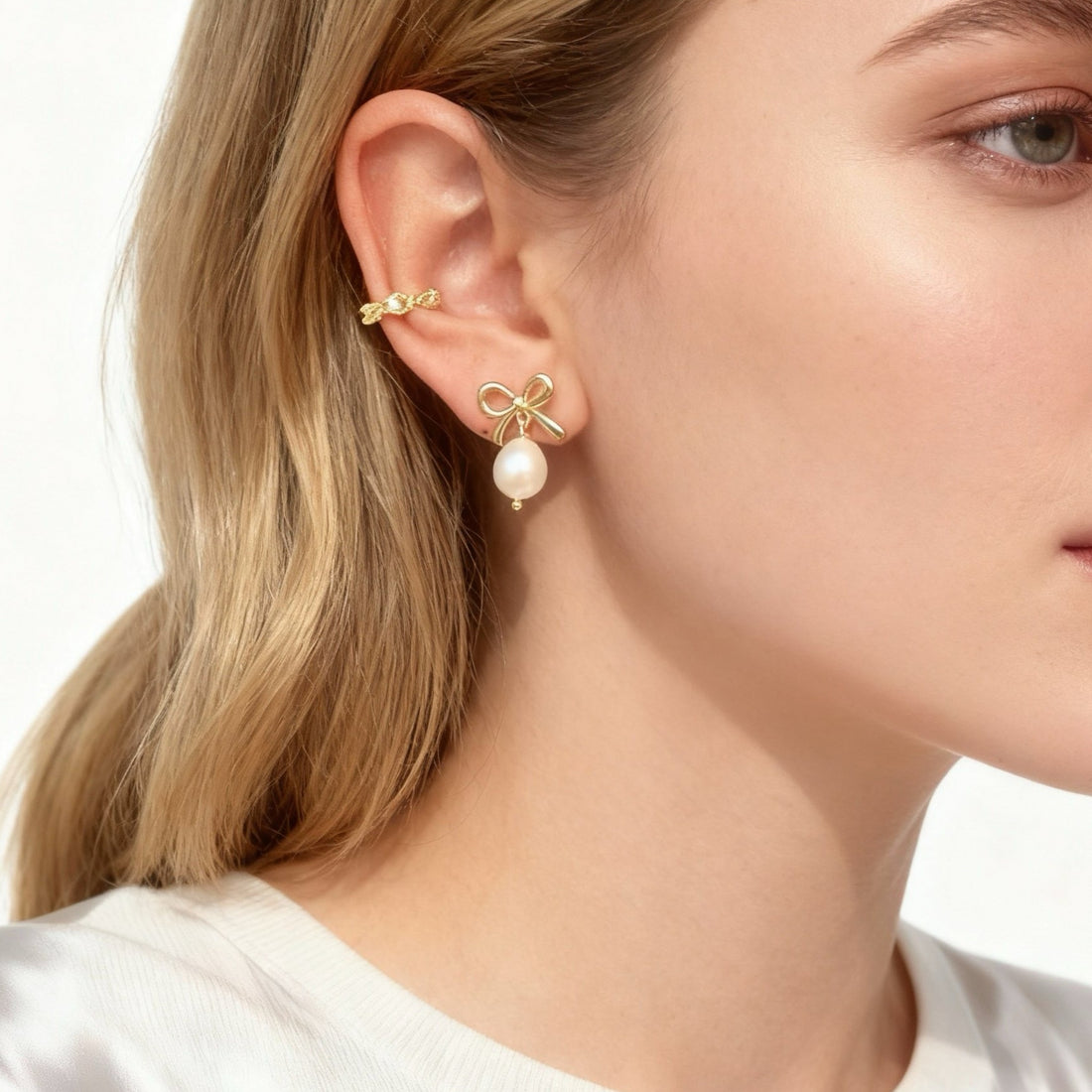 S925 Sterling Silver Rosett Pärl Hänge Clip-On Kedja Örhängen