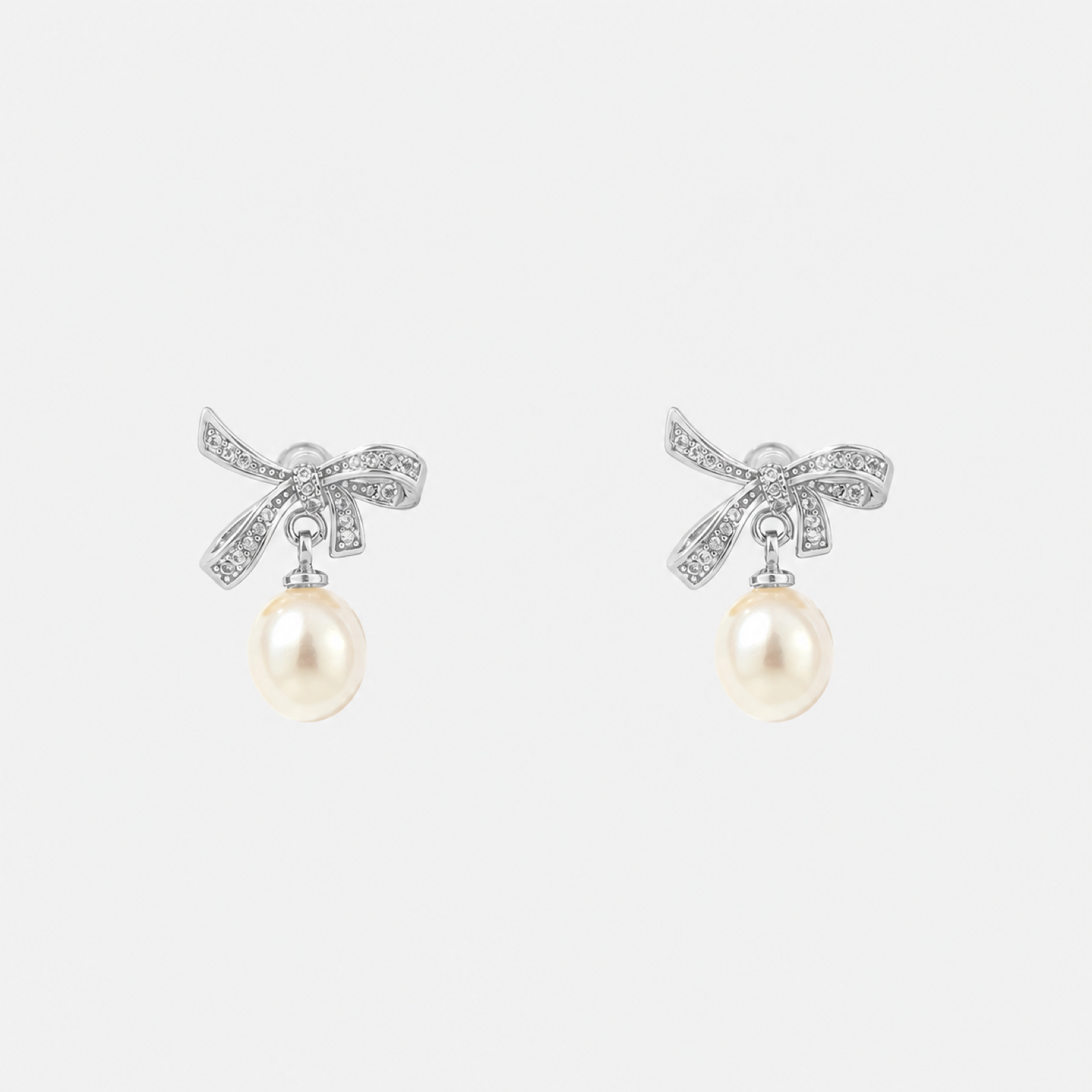 Sparkling Bow Pearl Clip-On Drop Earrings