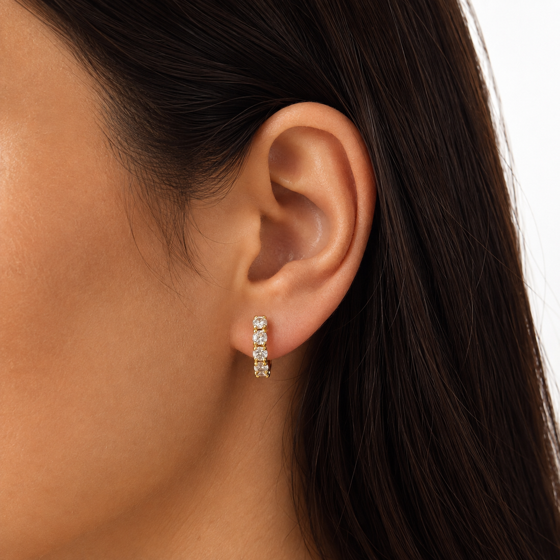 Gold crescent crystal clip-on stud earrings with invisible resin clips | SOMIY