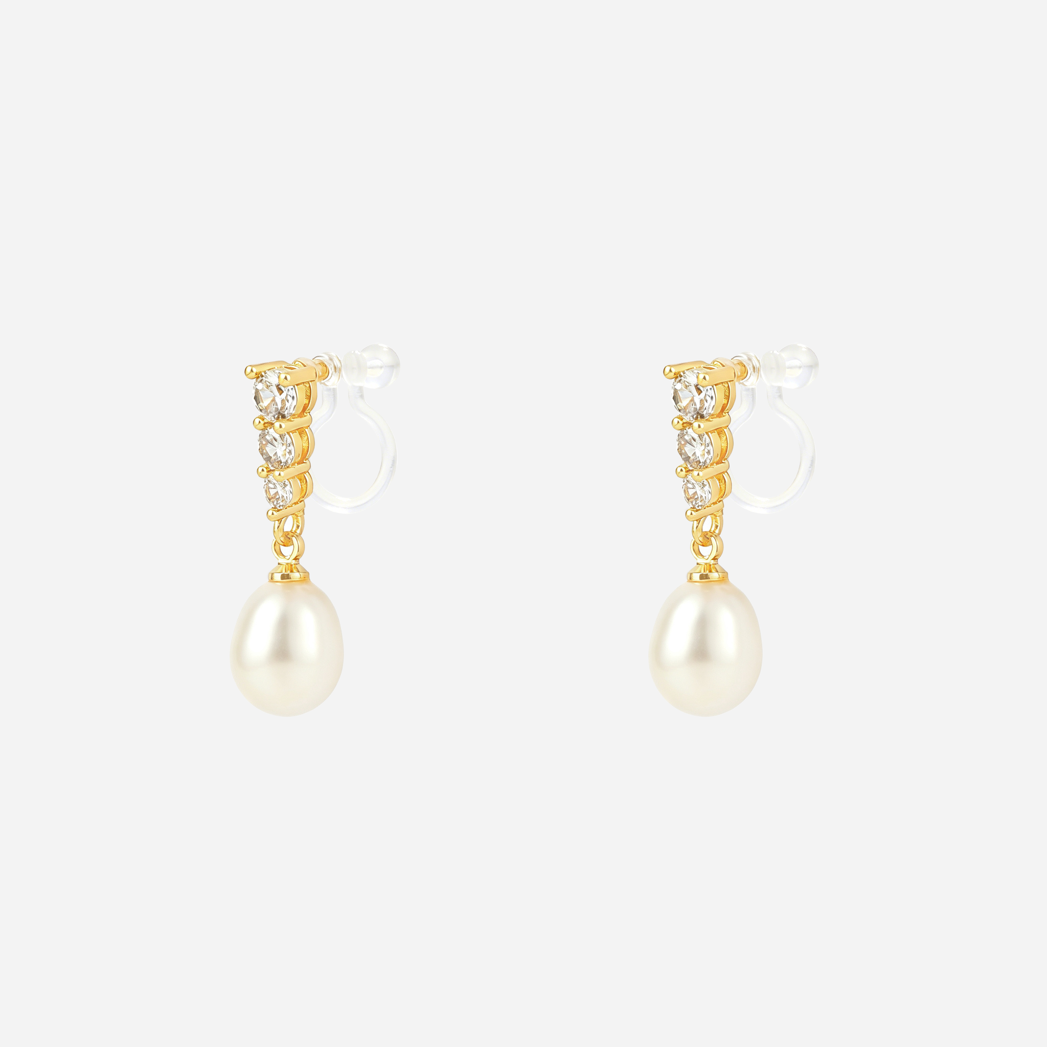 Triple Diamond Pearl Clip-On Drop Earrings