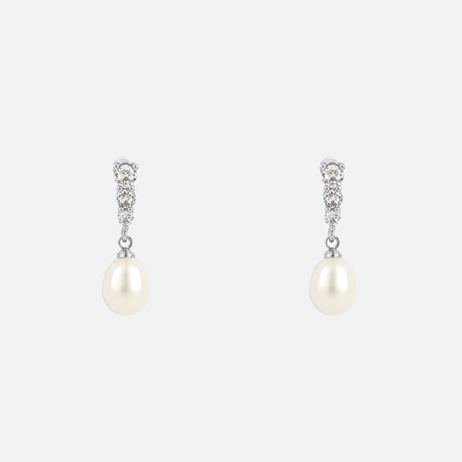 Triple Diamond Pearl Clip-On Drop Earrings